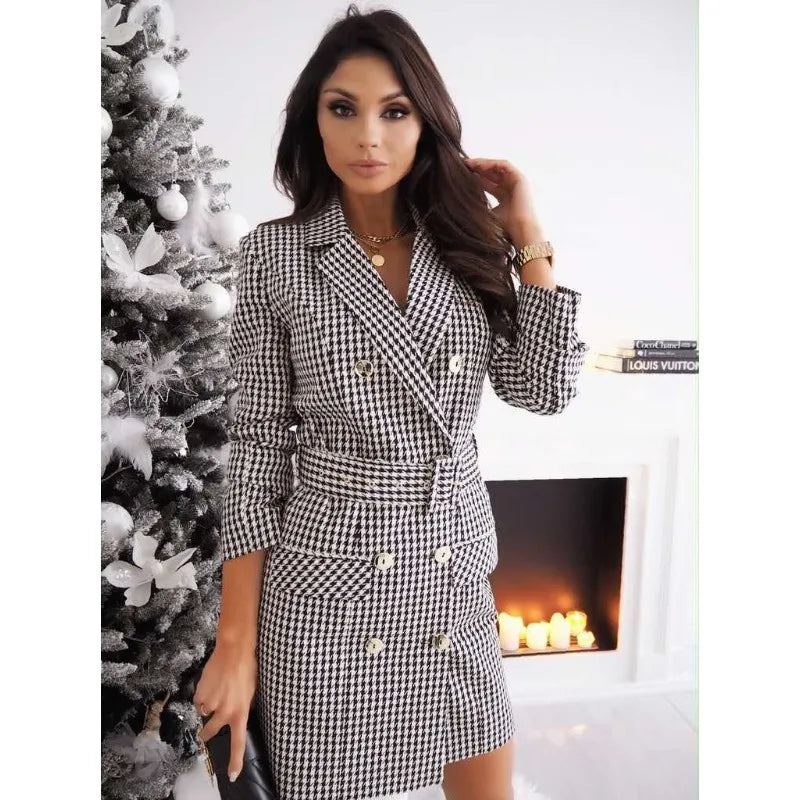 Eleanor - Women's Checked Blazer Dress with Belt