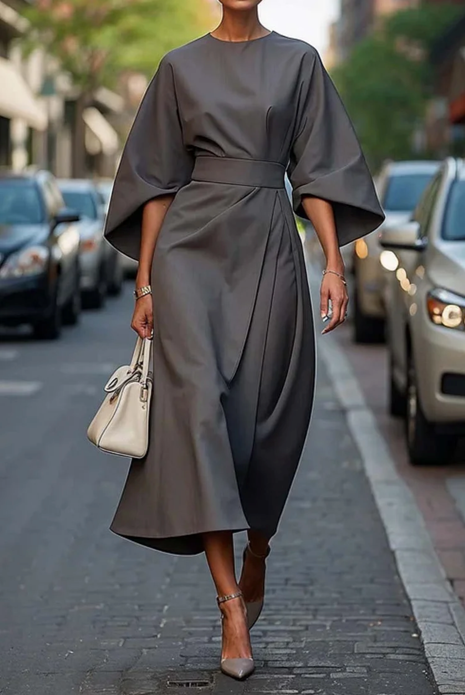 Sophia - Women's Midi Dress with Waist Belt
