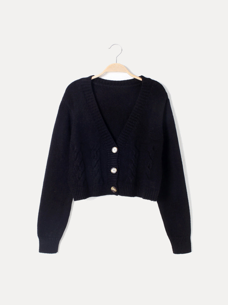 Ellie - Women's Cable Knit-Cardigan with V-Neck and Buttons