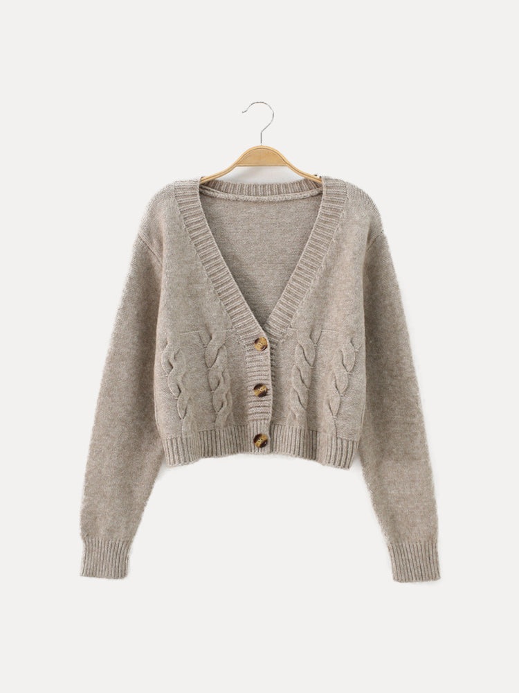 Ellie - Women's Cable Knit-Cardigan with V-Neck and Buttons