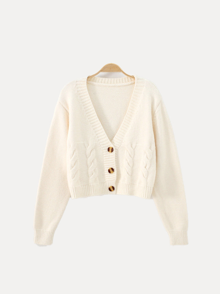 Ellie - Women's Cable Knit-Cardigan with V-Neck and Buttons