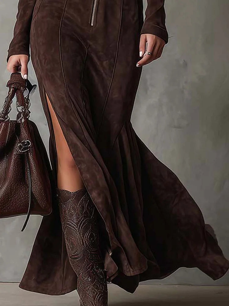 Amber - Women's Elegant Maxi Dress with Belt and High Slit