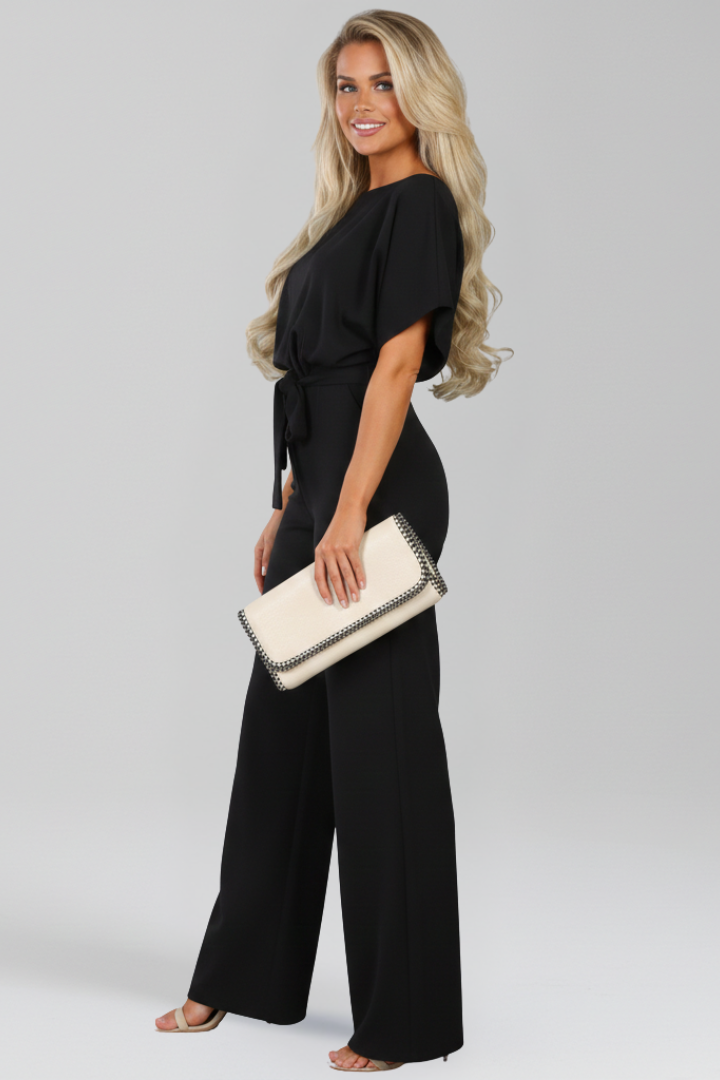 Victoria - Women's Classic Wide-Leg Jumpsuit with Tie Belt