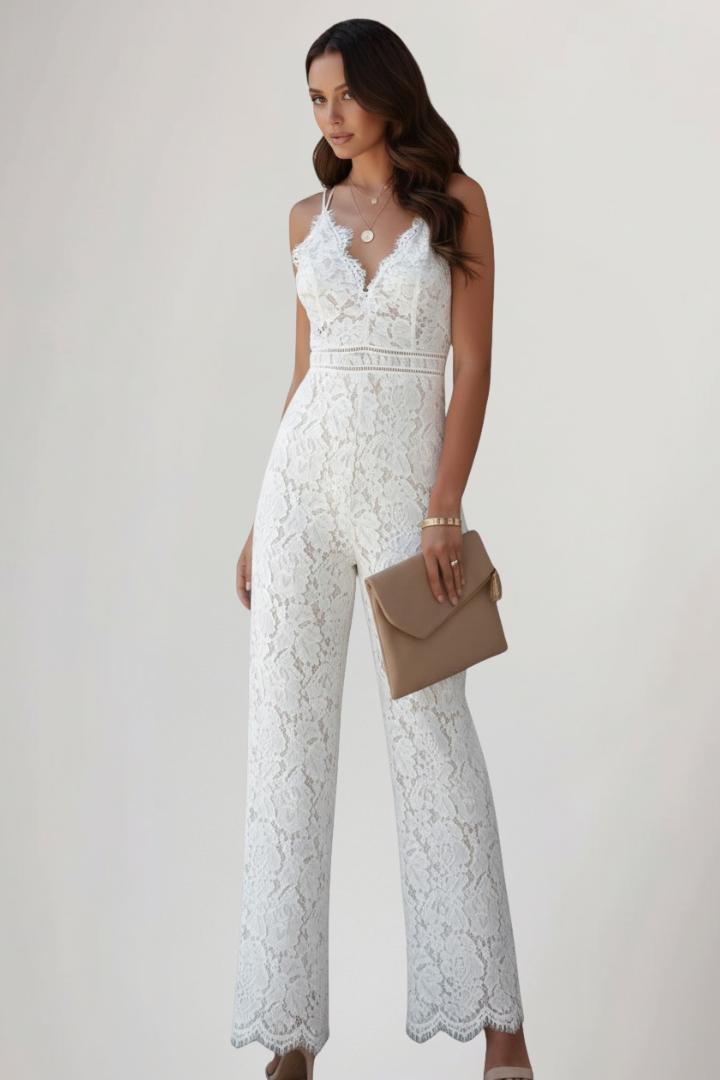 Natalie - Women's Sleeveless Lace-V-Neck Wide-Leg Jumpsuit