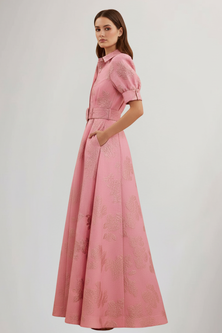 Victoria - Women's Maxi Dress with Belt and kurzen Sleeves