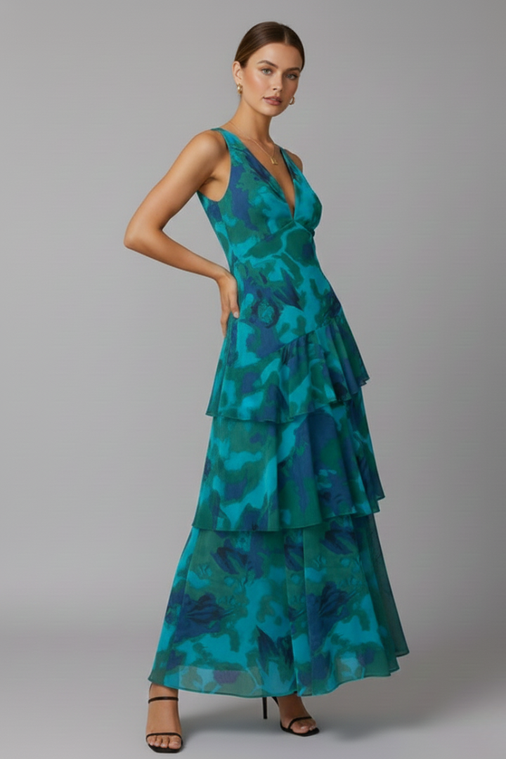 Diane - Women's Maxi Dress with gestuftem Skirt and V-Neck