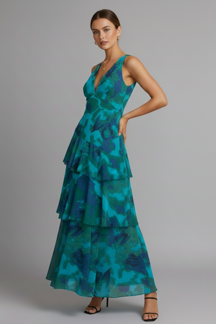 Diane - Women's Maxi Dress with gestuftem Skirt and V-Neck