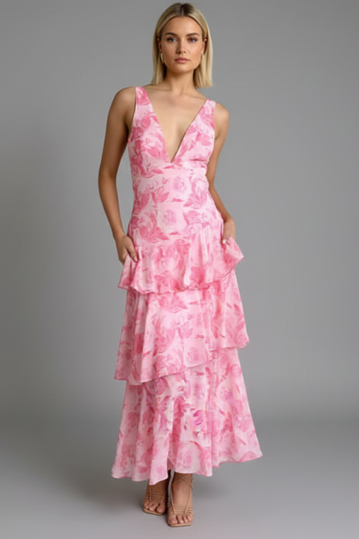 Diane - Women's Maxi Dress with gestuftem Skirt and V-Neck