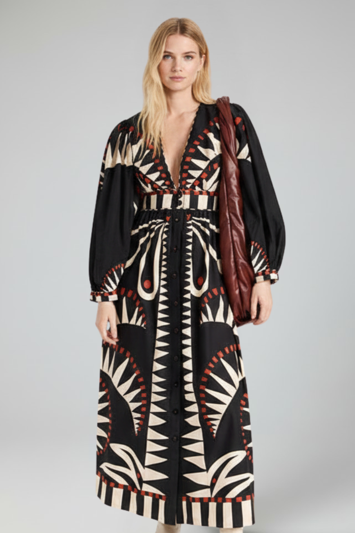 Rachel - Women's Maxi Dress with V-Neck and langen Sleeves