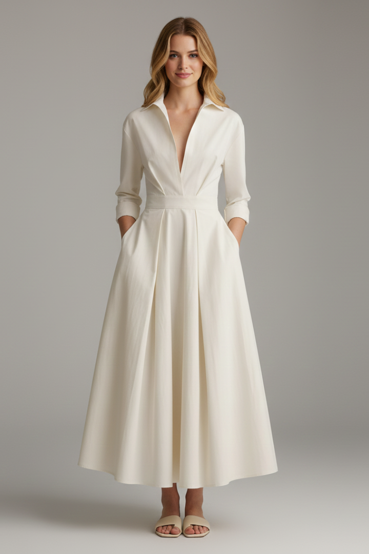 Diane - Women's Midi Dress with Button Placket vorne and Taillendetail