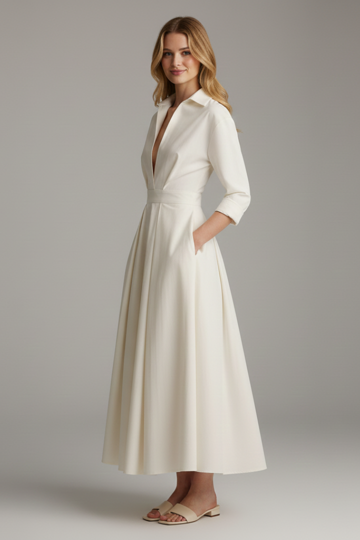 Diane - Women's Midi Dress with Button Placket vorne and Taillendetail