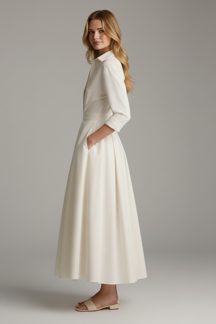 Diane - Women's Midi Dress with Button Placket vorne and Taillendetail