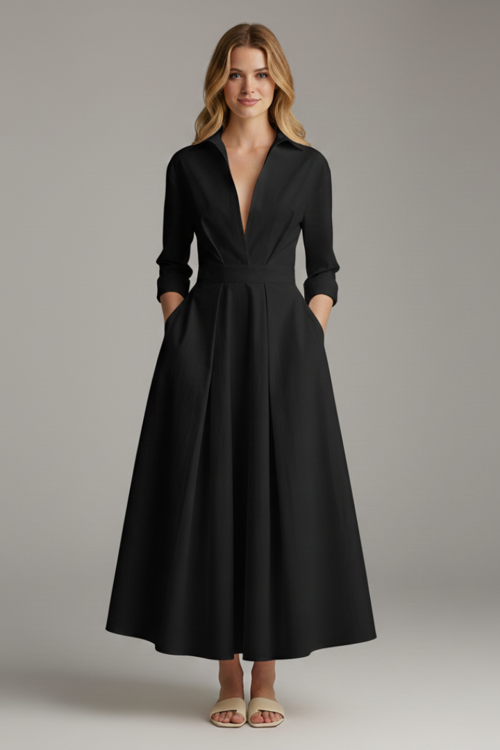Diane - Women's Midi Dress with Button Placket vorne and Taillendetail