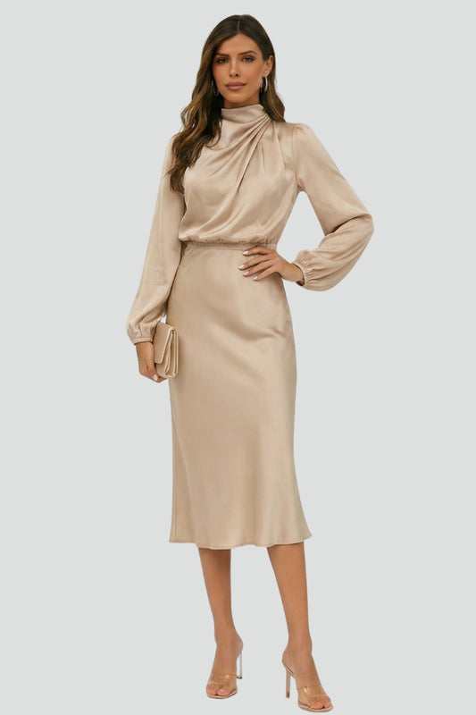 Patricia - Women's Midi Dress with high Neckline and langen Sleeves