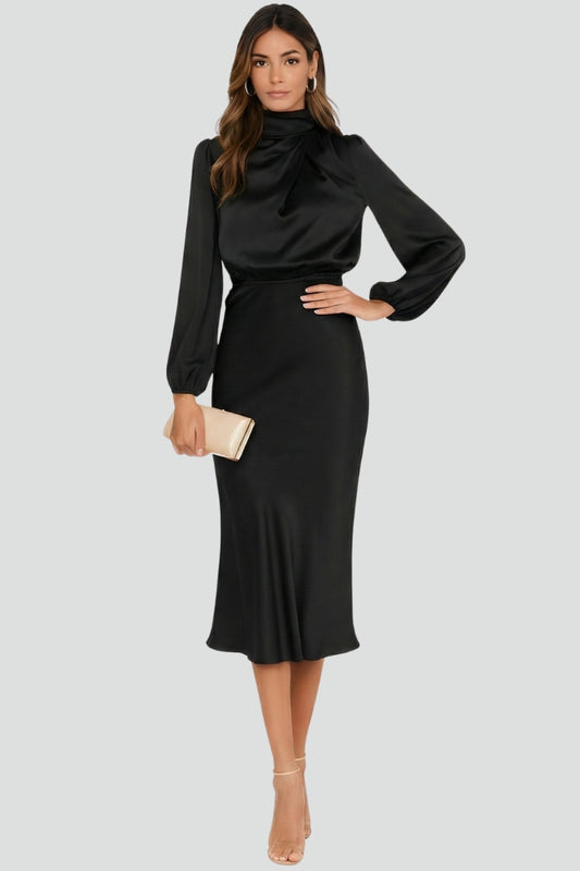 Patricia - Women's Midi Dress with high Neckline and langen Sleeves