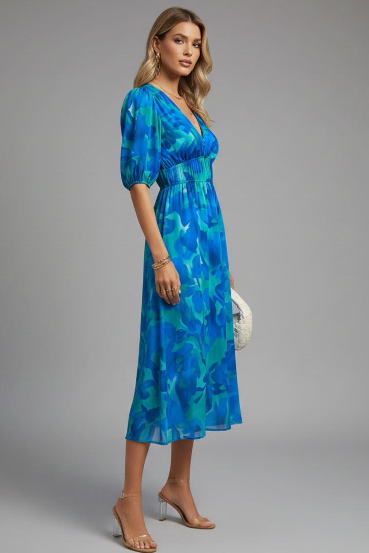 Nicola - Women's floral Midi Dress with Puff Sleeves