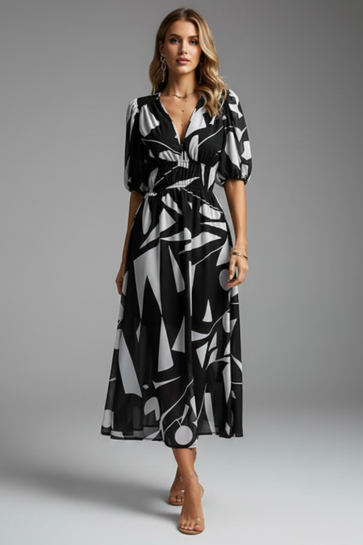 Nicola - Women's floral Midi Dress with Puff Sleeves