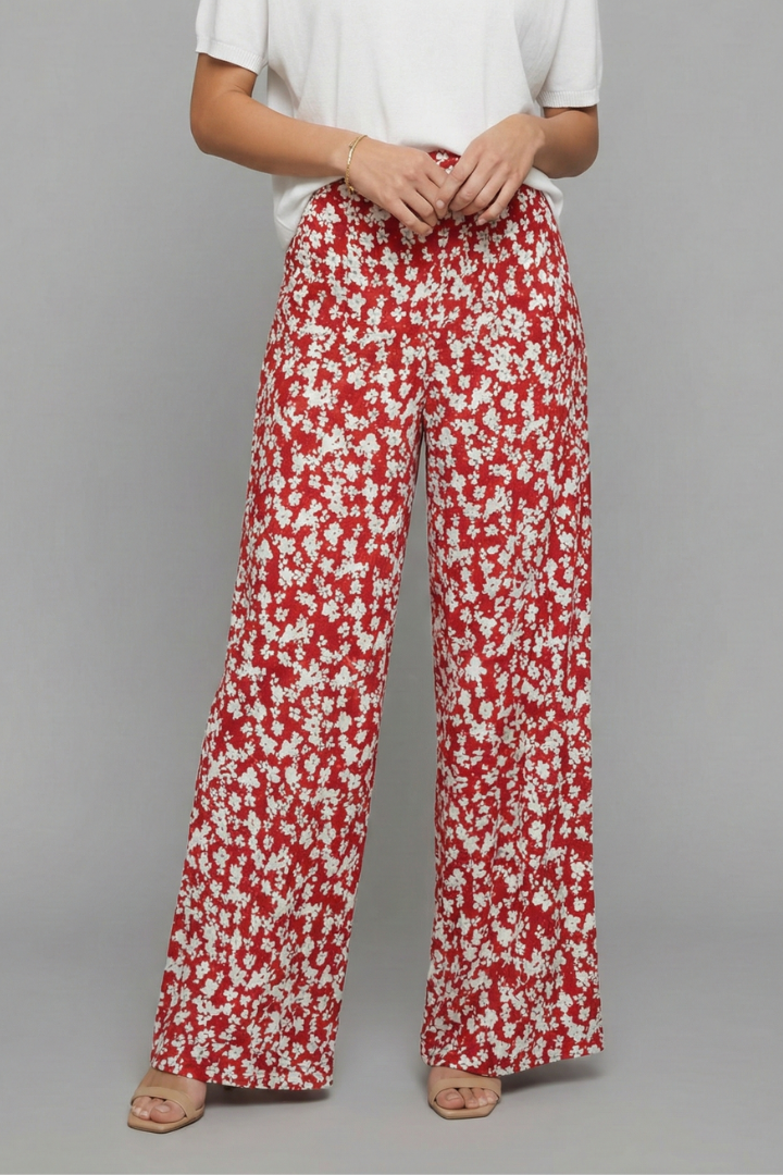 Ava - Women's Freizeithose in Palazzo-Style with Floral Print and Wide Beinen