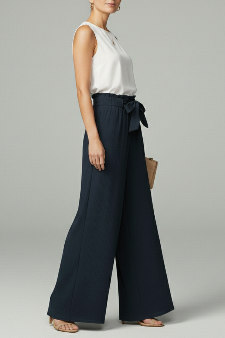 Ruby - Women's Palazzo Trousers with Tie Belt and Wide Beinen