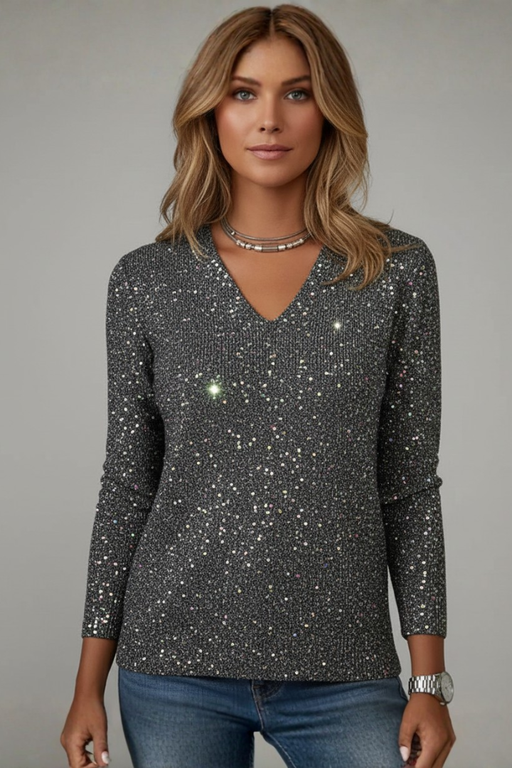 Laura - Women's Sequin Sweater with V-Neck and langen Sleeves