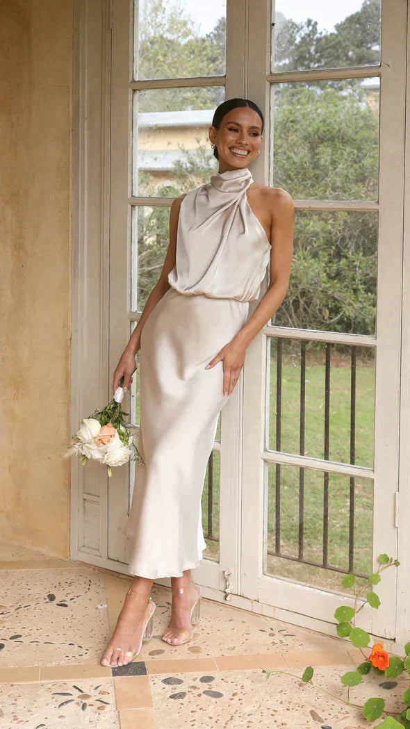 Eleanor - Women's Elegant Midi-Dress with Halterneck and Drapiertem Neckline