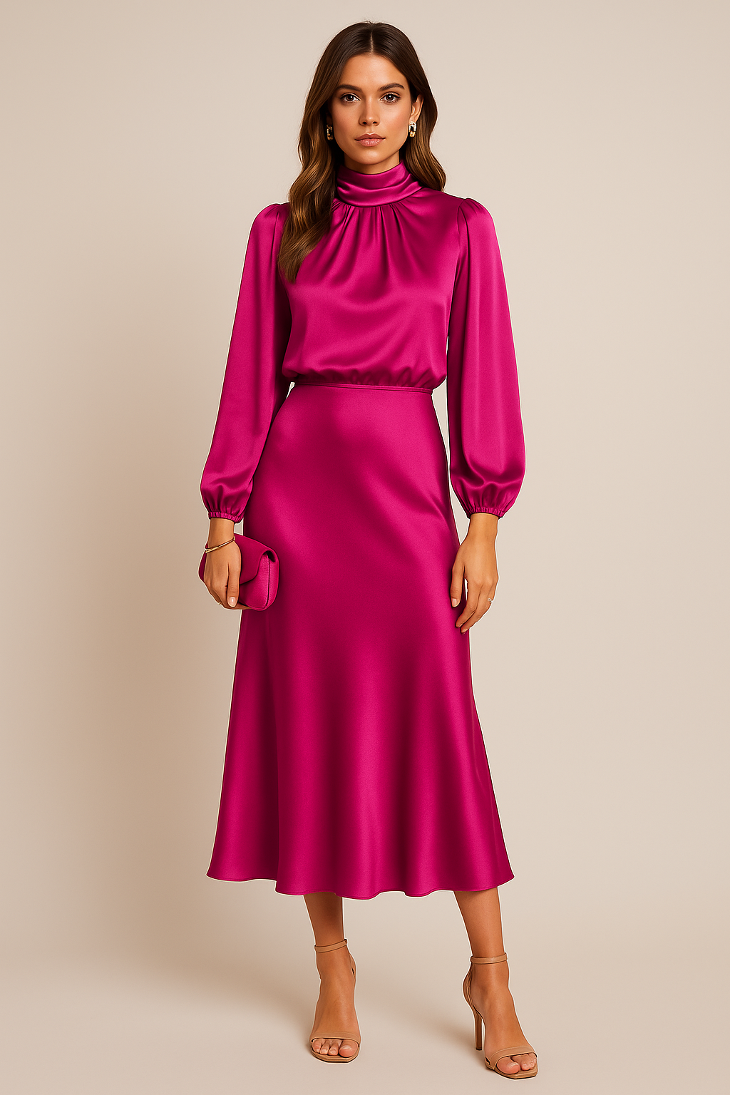 Karen - Women's Long Sleeve High-Neck Midi Dress