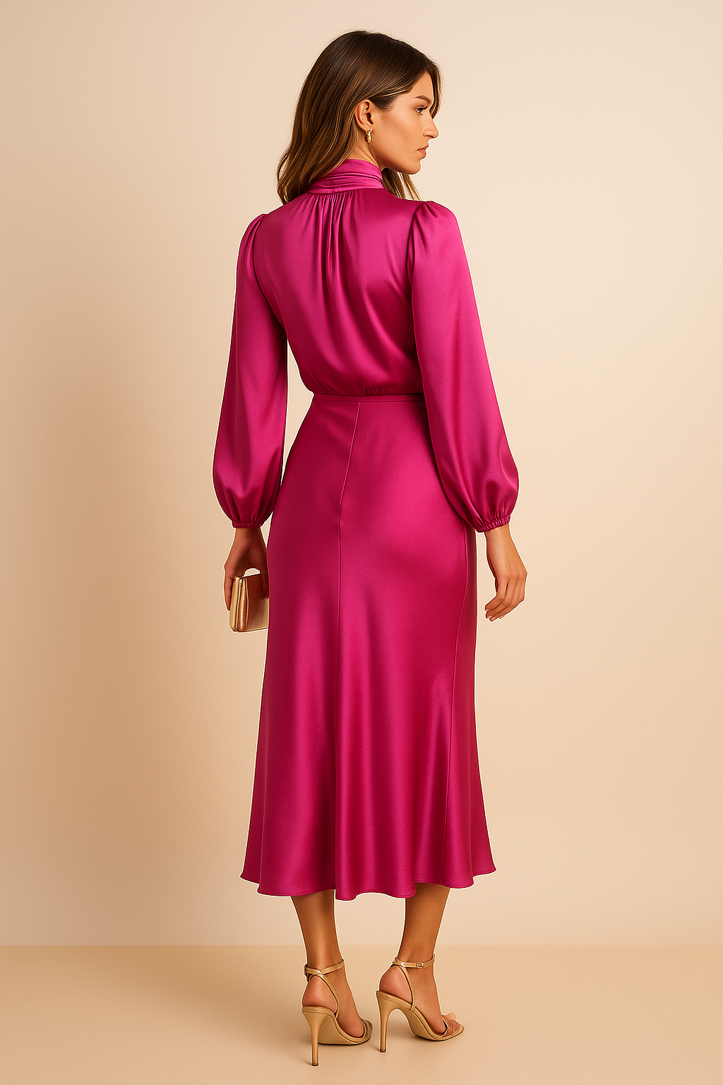 Karen - Women's Long Sleeve High-Neck Midi Dress