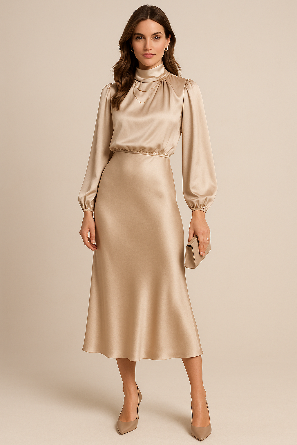 Karen - Women's Long Sleeve High-Neck Midi Dress
