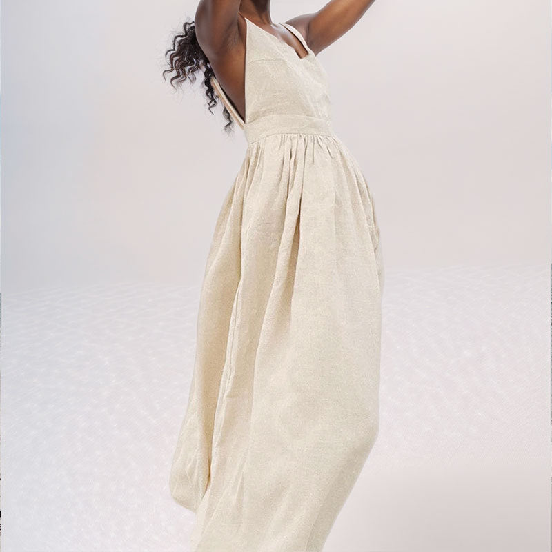 Michelle - Women's Midi Dress with V-Neck, Open Back and Slit