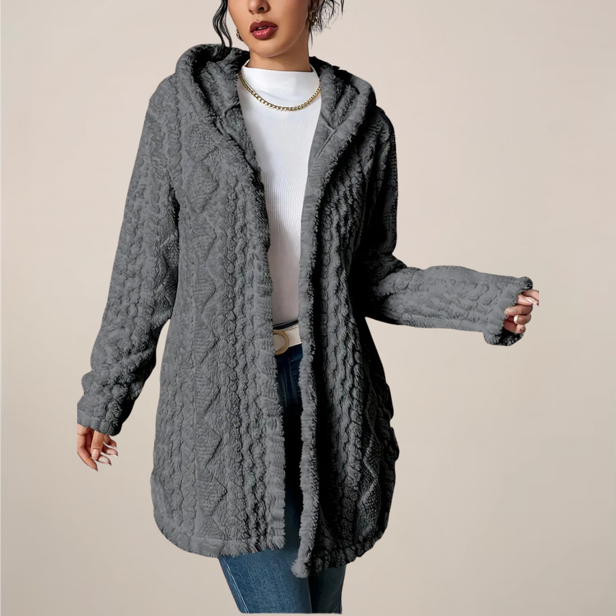 Carolyn - Women's Hooded Jacket with Structured Optik In Long Form