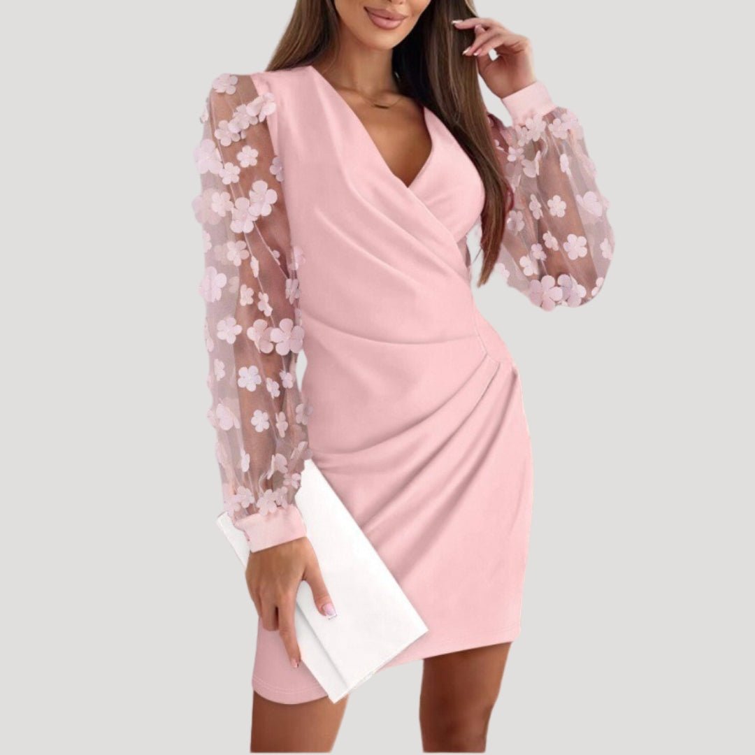 Ella - Women's Mini-Wrap Dress with Transparenten Sleeves and V-Neck