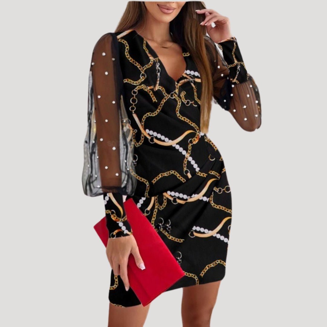 Ella - Women's Mini-Wrap Dress with Transparenten Sleeves and V-Neck