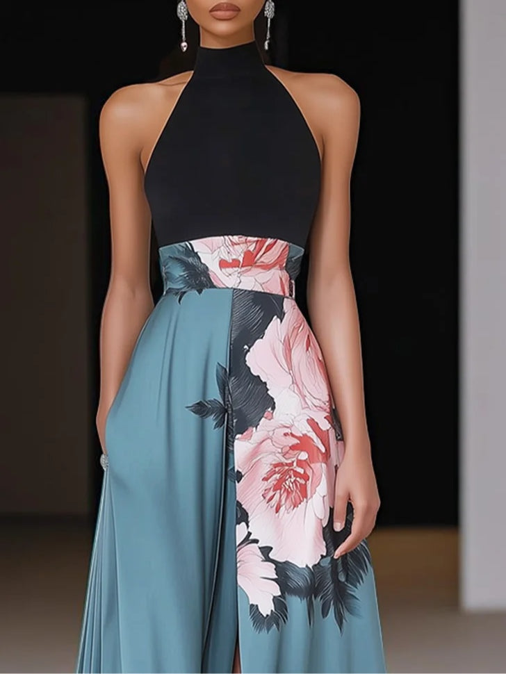 Ava - Women's Chic Schwarzes Geschlitztes Floral Klassisches Round Neck Sleeveless A-Line Maxi Dress