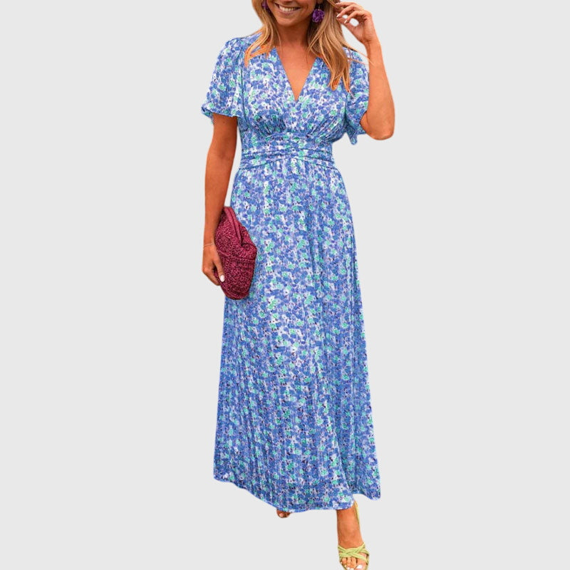 Donna - Women's Maxi Dress with Floral Print and Short Sleeves