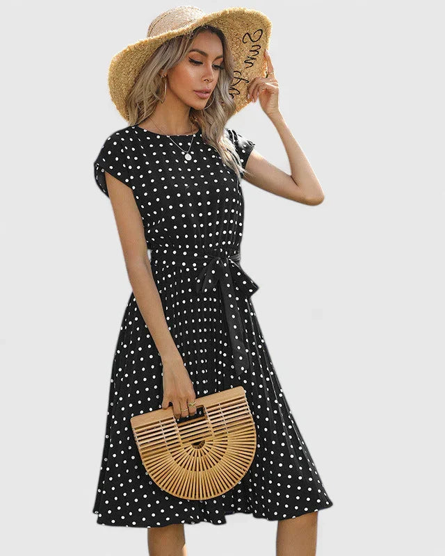 Edith - Women's Midi Dress with Short Sleeves and Pleated Skirt
