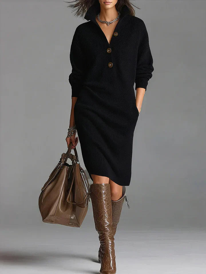 Leah - Women's Midi Dress with Button Placket and Rib Structure