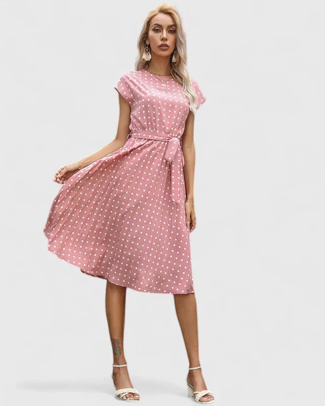 Edith - Women's Midi Dress with Short Sleeves and Pleated Skirt