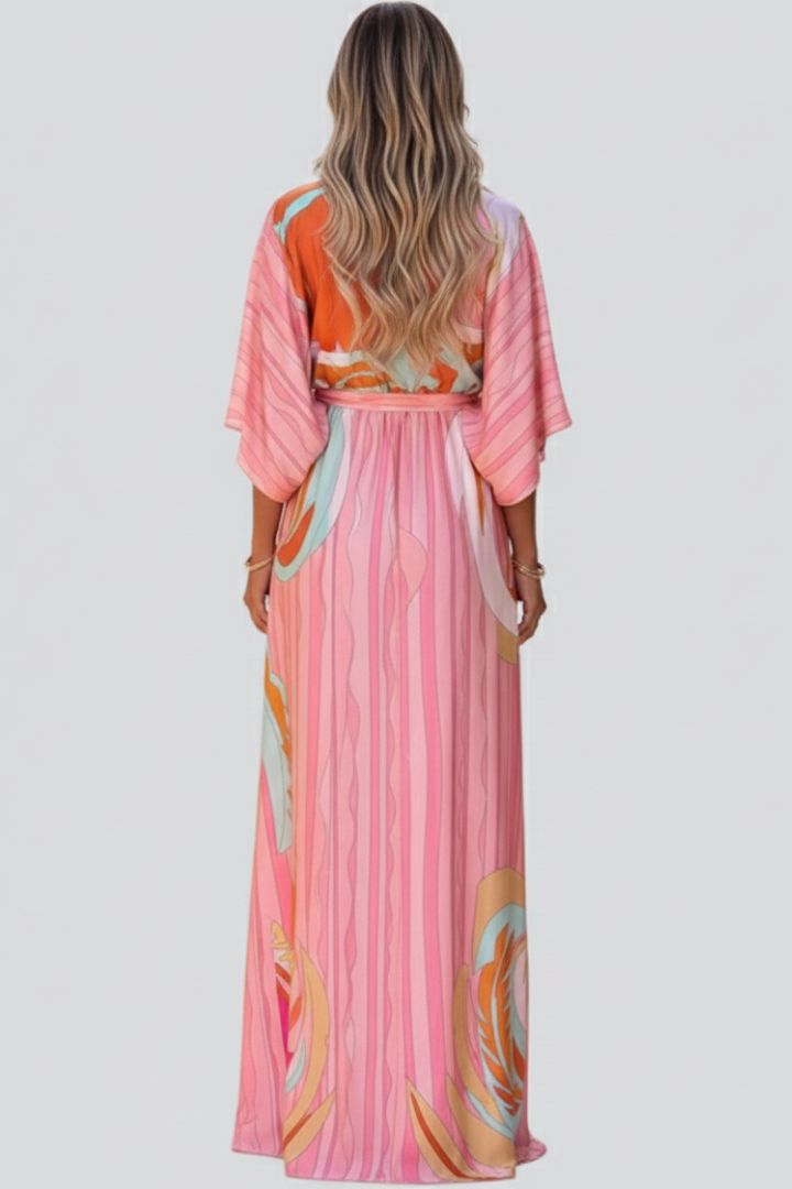 Helen - Women's Maxi Dress with V-Neck and Belt in Waist