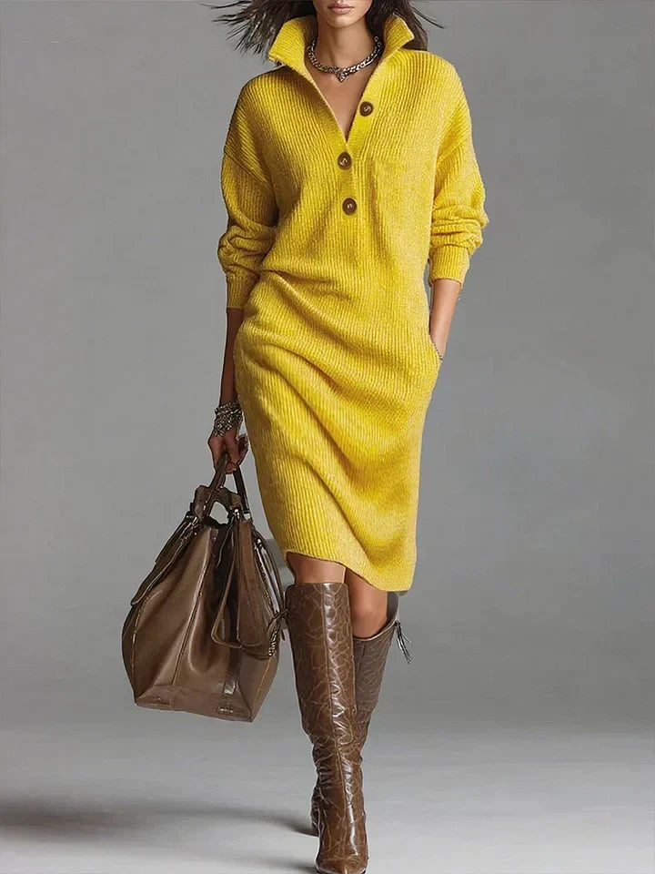 Leah - Women's Midi Dress with Button Placket and Rib Structure