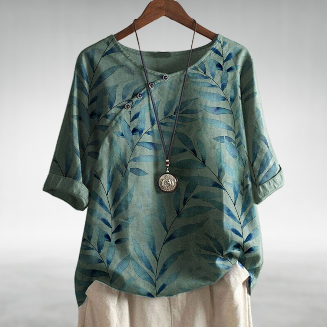 Alex - Avslappet Blouse med Bladtrykk og Knapper for Kvinner