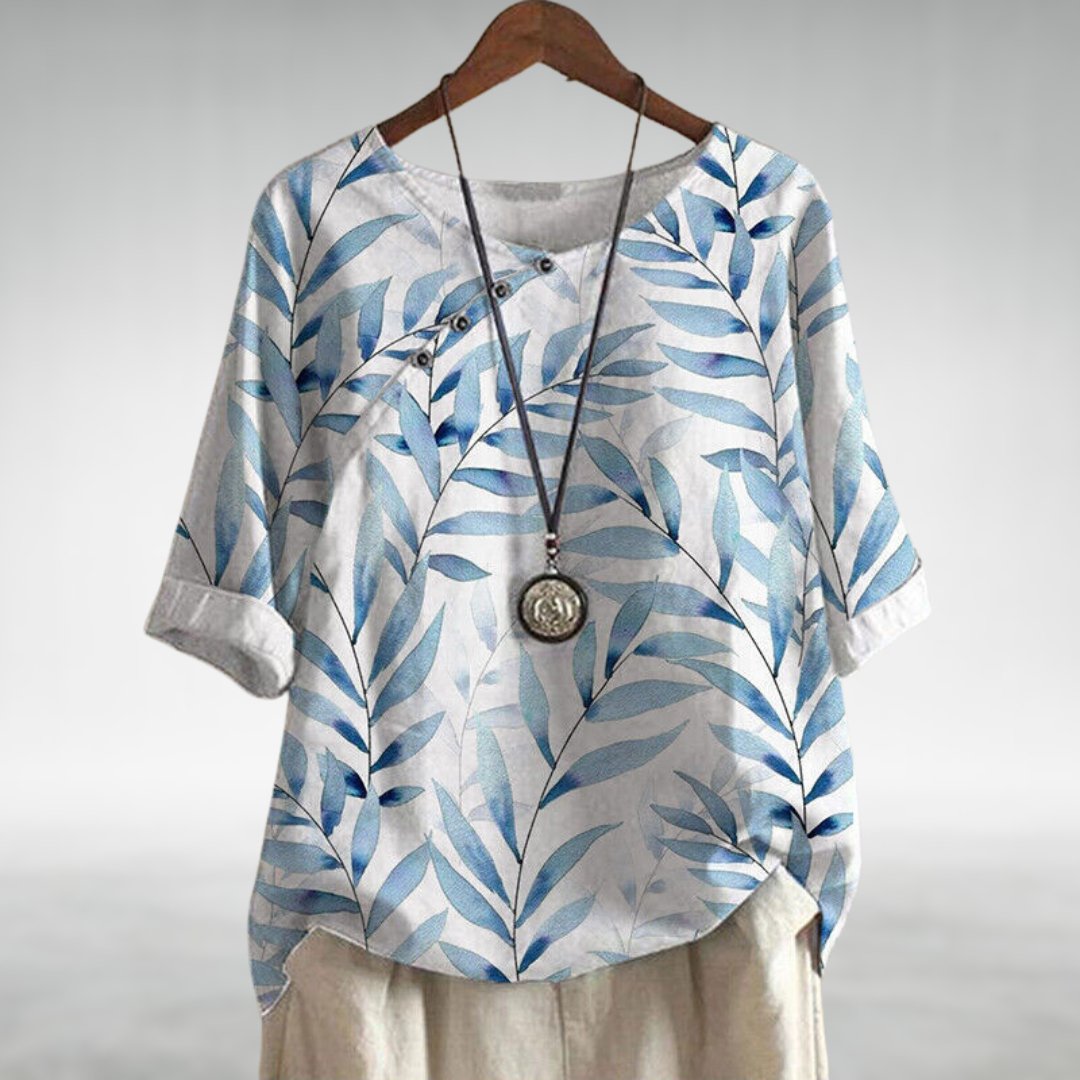 Alex - Avslappet Blouse med Bladtrykk og Knapper for Kvinner