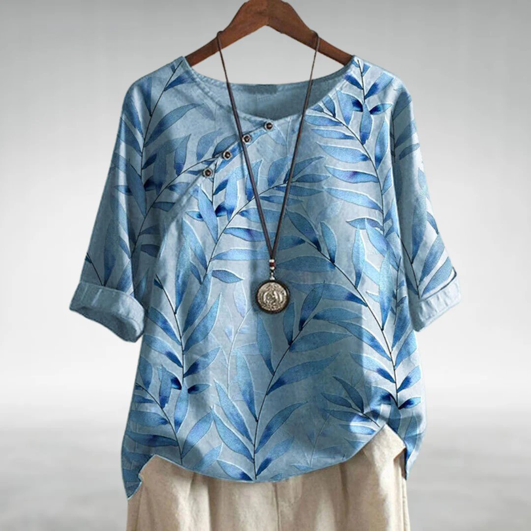 Alex - Avslappet Blouse med Bladtrykk og Knapper for Kvinner