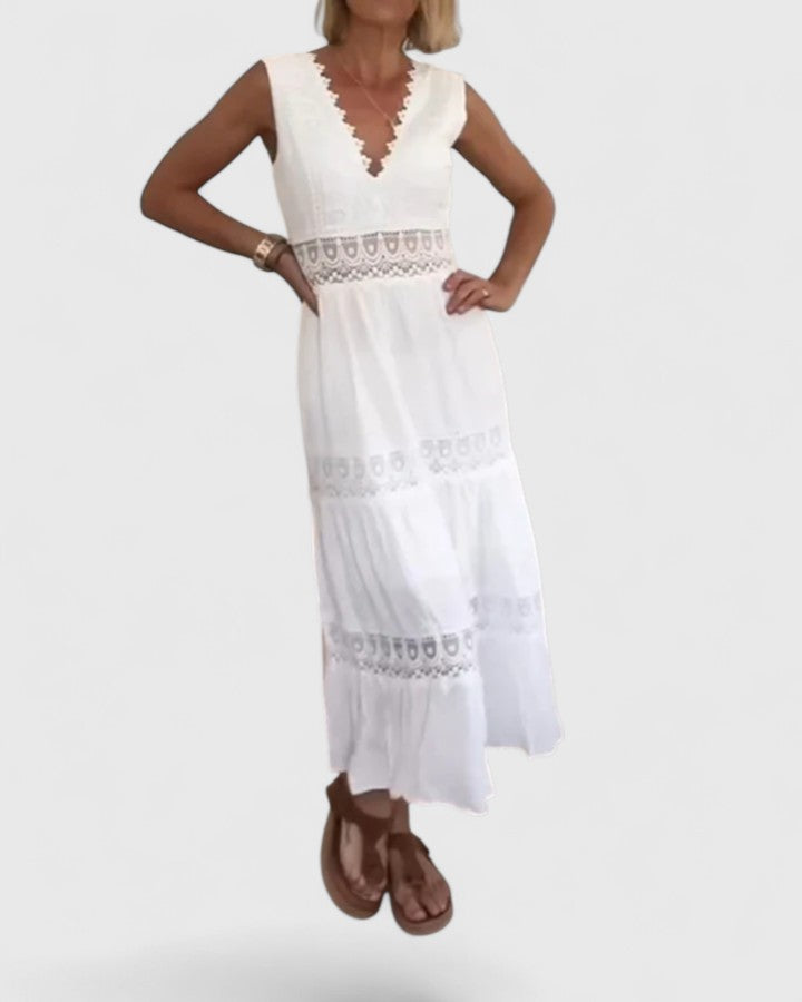 Molly - Women's Sleeveless Midi Dress with V-Neck and Lace Trim
