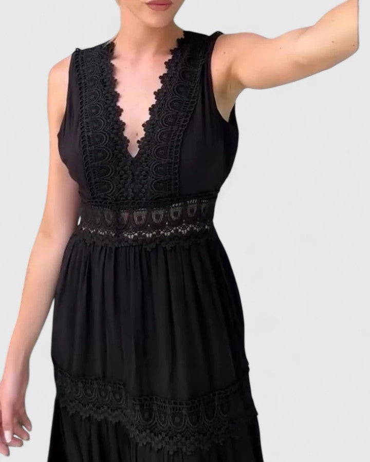 Molly - Women's Sleeveless Midi Dress with V-Neck and Lace Trim