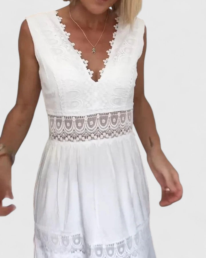 Molly - Women's Sleeveless Midi Dress with V-Neck and Lace Trim