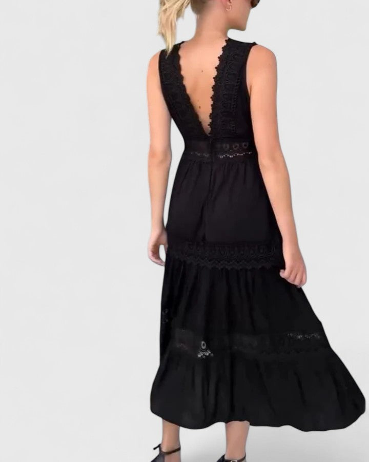 Molly - Women's Sleeveless Midi Dress with V-Neck and Lace Trim
