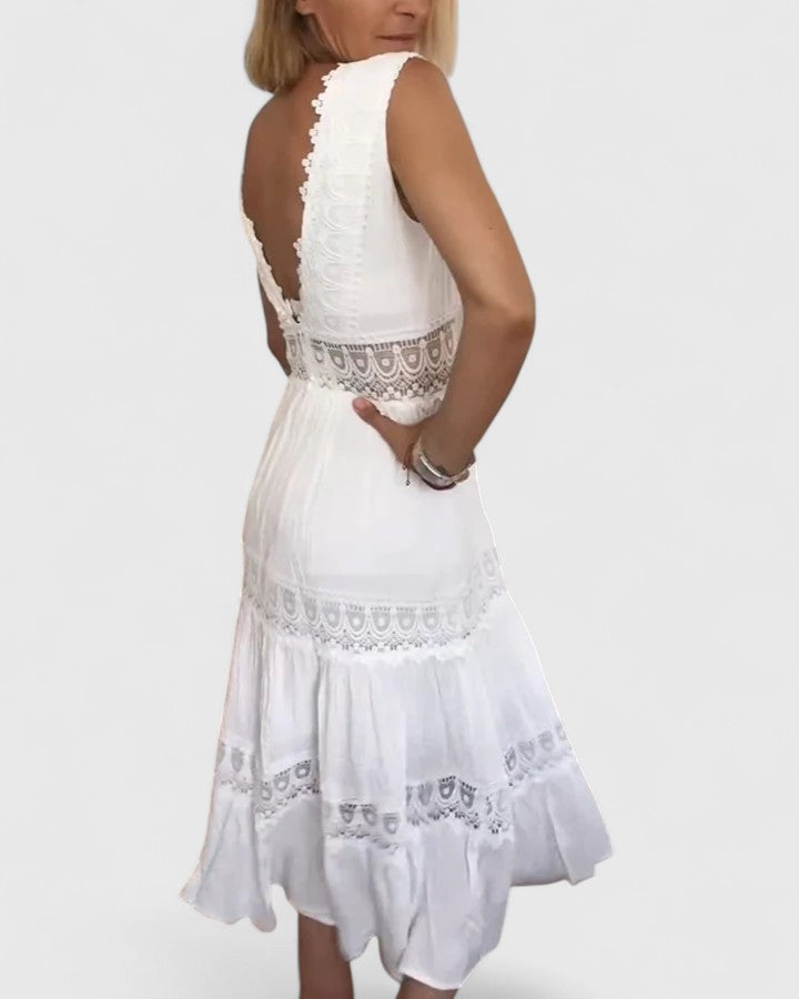Molly - Women's Sleeveless Midi Dress with V-Neck and Lace Trim