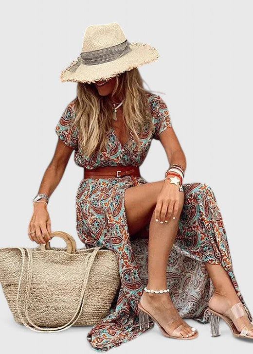 Ella - Women's Casual Boho-Maxi Dress with V-Neck