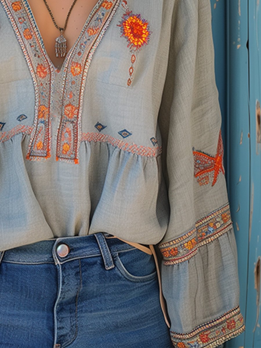 Winifred - Women's Boho-Blouse with Stickerei and V-Neck
