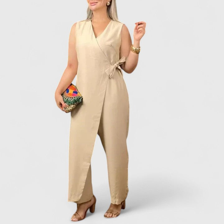 Amber - Women's Sleeveless Jumpsuit with Wrap Style and Waist Belt